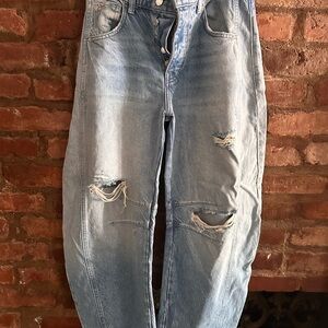Distressed free people Light Blue Barrel Jeans